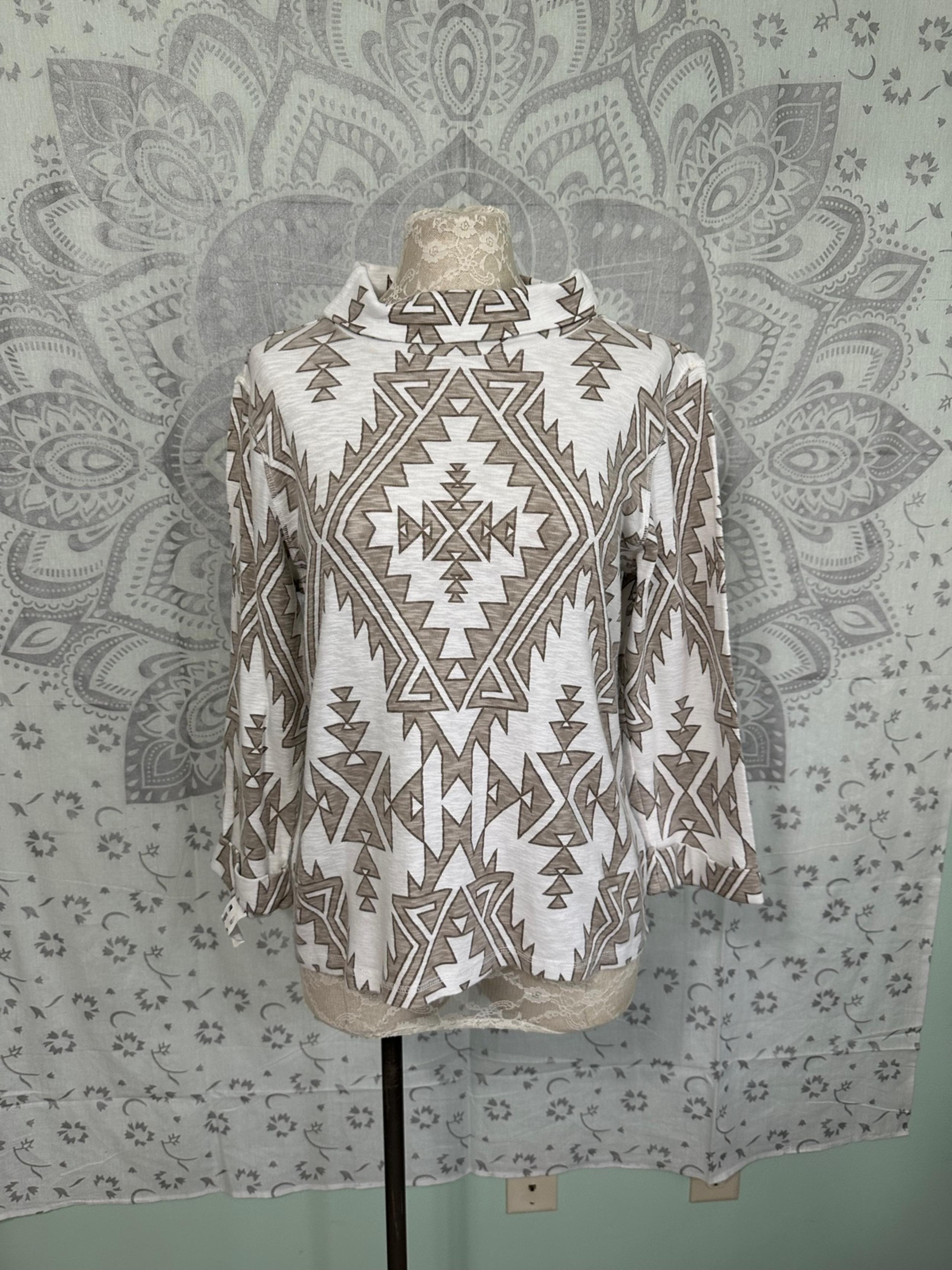 Nice $89 Pendleton Thin Knit Shirt Top Cuffed Sleeve White Tan Aztec Large L