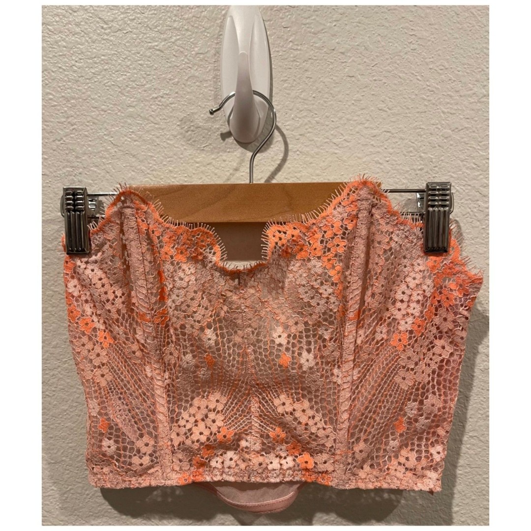 VICTORIA'S SECRET Orange Pink Floral Lace Cross Dye Bustier