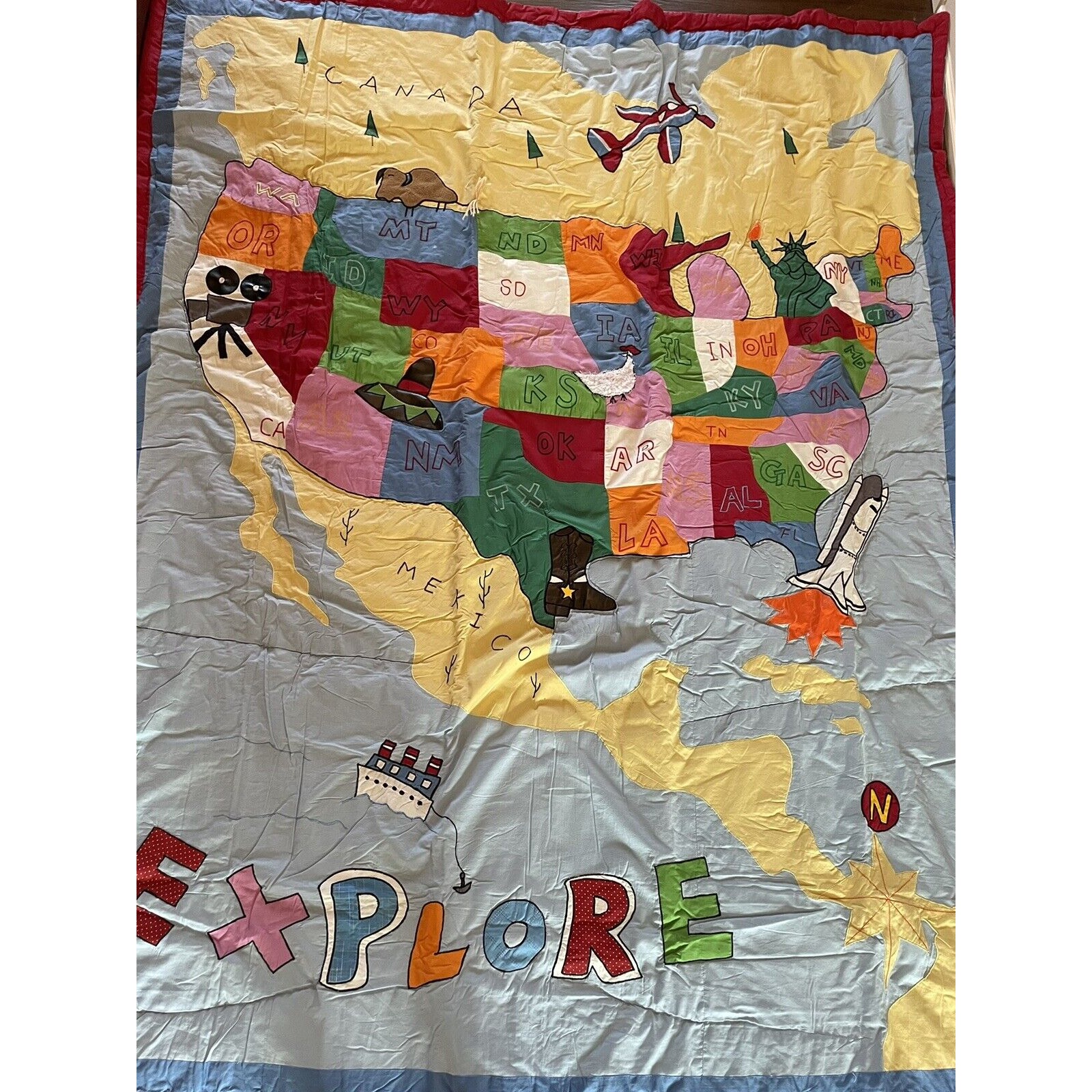 North America Map Quilt Twin Comforter Explore Theme w Pillowcase Kids Room