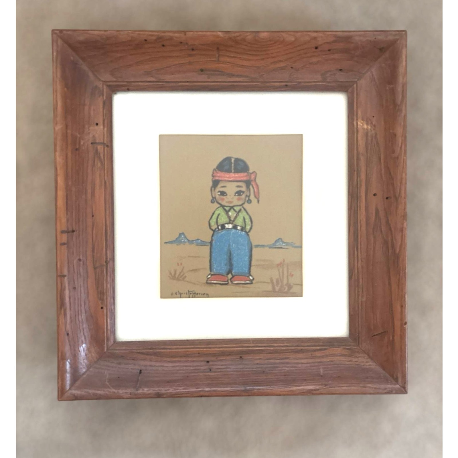 Vintage 1960s Gerda Christofferson Native American Oodees Indian Boy Wood Frame
