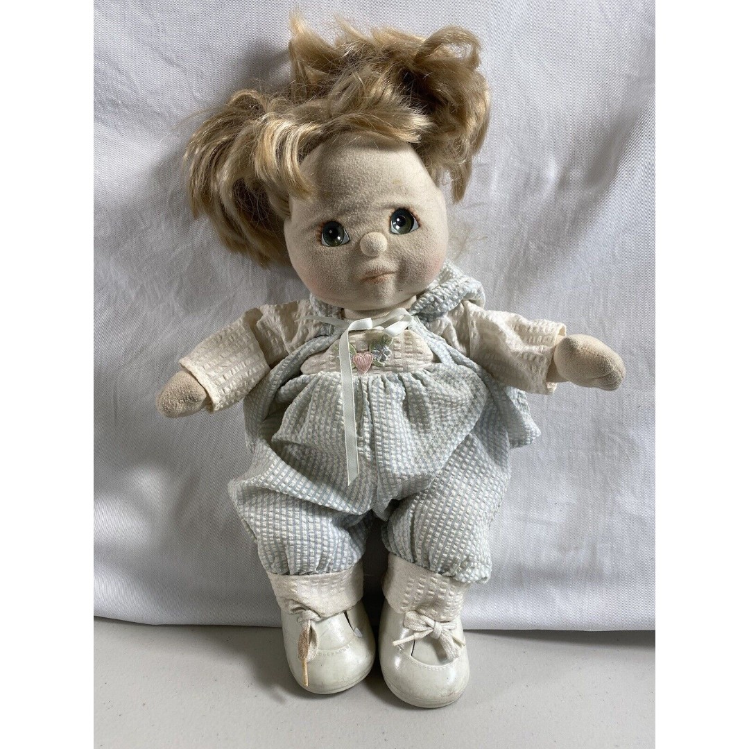 VTG 85 Mattel My Child Gold Hair Green Eye Girl Blue Stripe Overall