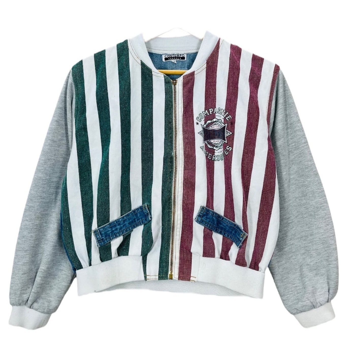 NWT Vintage 80s Contempo Casuals Colorblock Striped Denim Jacket size medium