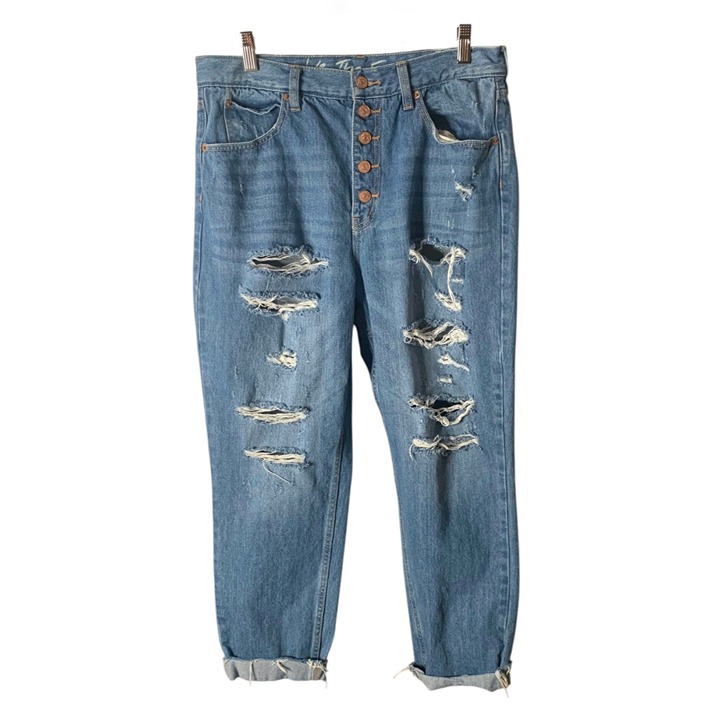 WE THE FREE Medium Wash Blue Hi-Rise Distressed Button-Fly Cuffed Jeans Size 31