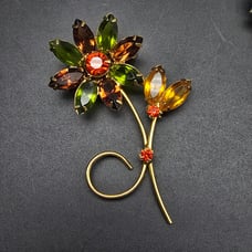 Fall Autumn Rhinestone Flower Brooch Gold Tone Orange Green Gold Tone