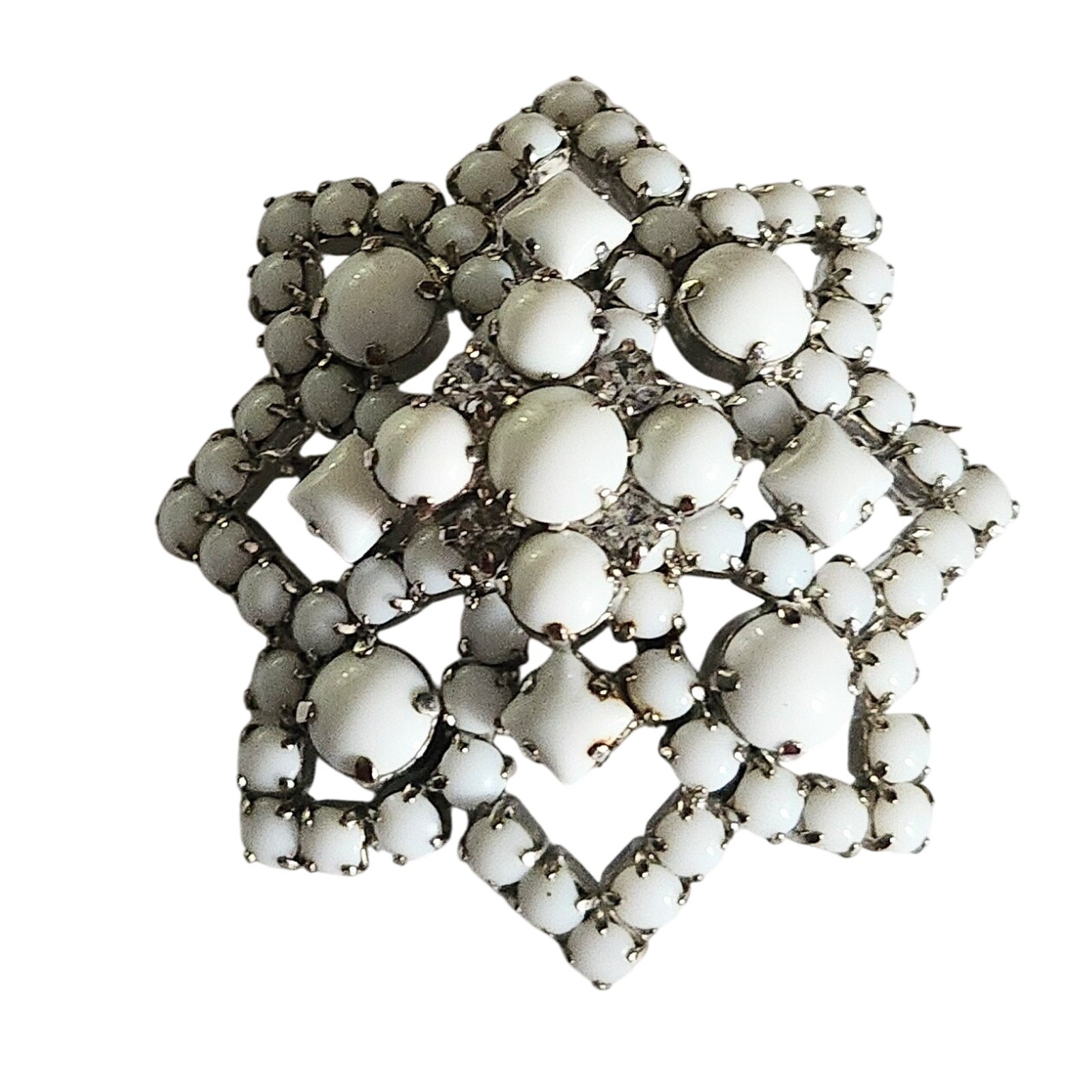 Vtg 1950s Unsigned Kramer New York Square Dome Milkglass Rhinestone Pin Brooch