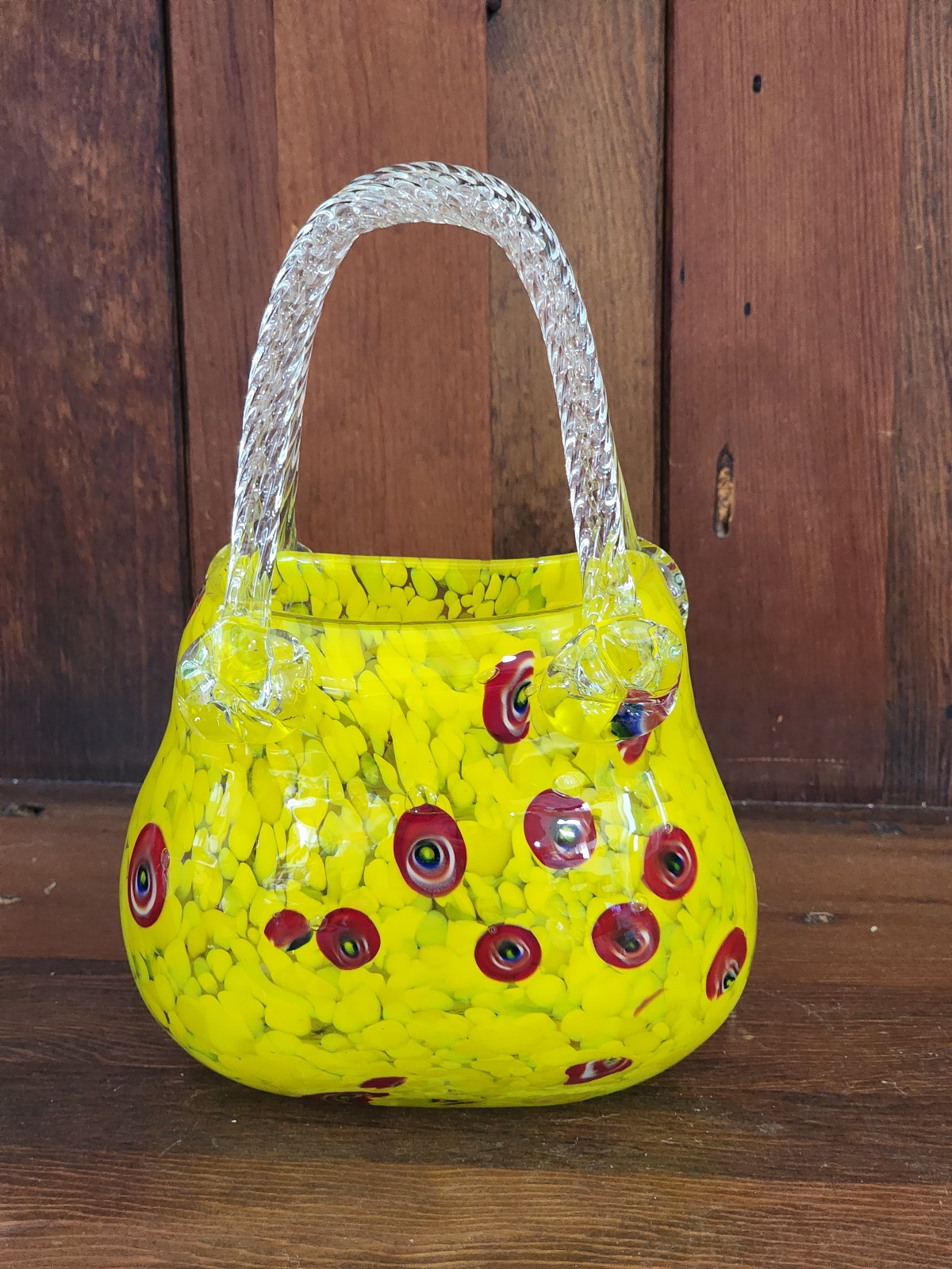 Murano Art Glass Millefiori Handbag Vase Yellow with Clear Twisted Handles