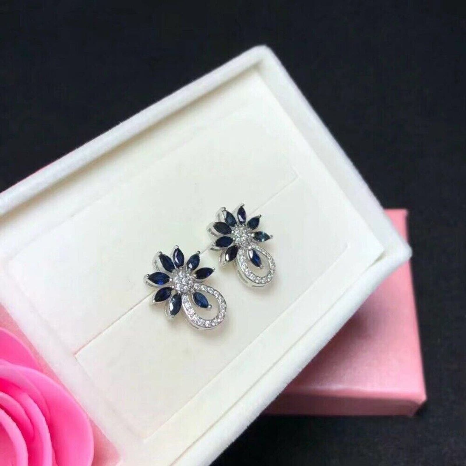 Sapphire Statement Earrings Platinum Plated, 2x4mm Sapphire Cluster Stud Earring