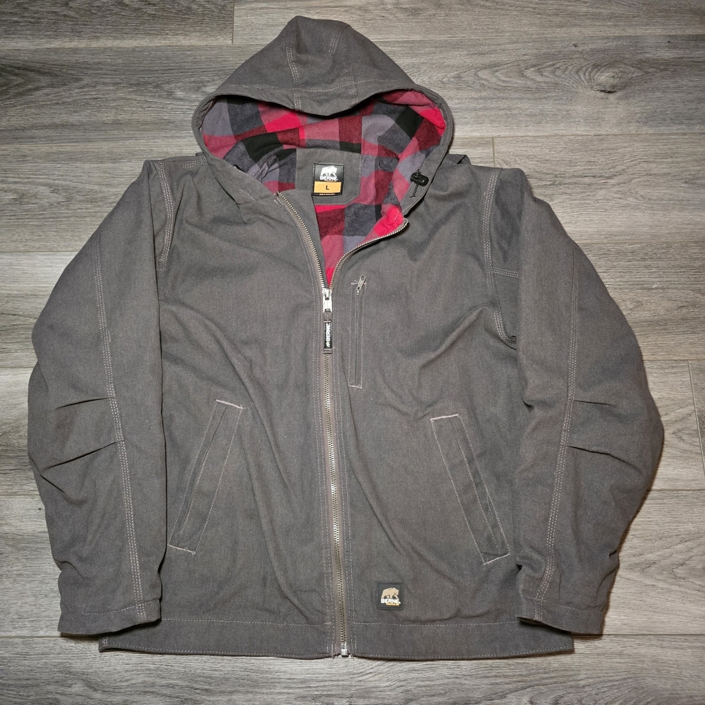 Berne Men's Dark Gray Hooded Jacket Duck Canvas Flannel Lined Active Work Coat L