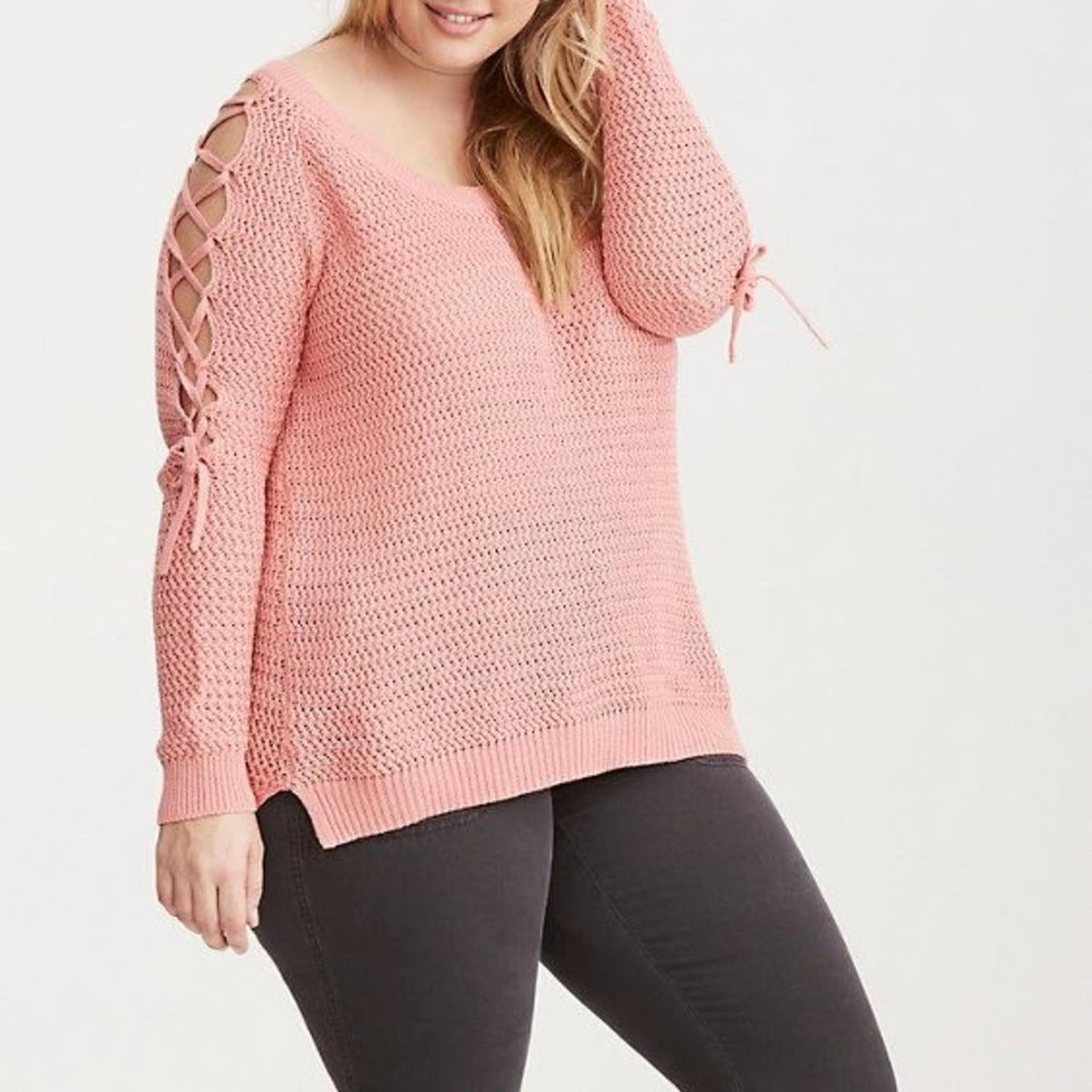 Torrid Lace Up Sleeve Knit Sweater Size 2X Pink Long Sleeve Scoop Neck