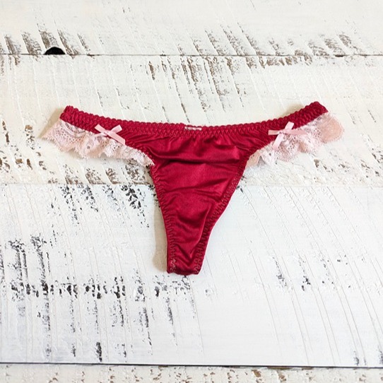 Vintage Victoria’s Secret Size XS Red Second Skin Satin Pink Lace Trim Thong