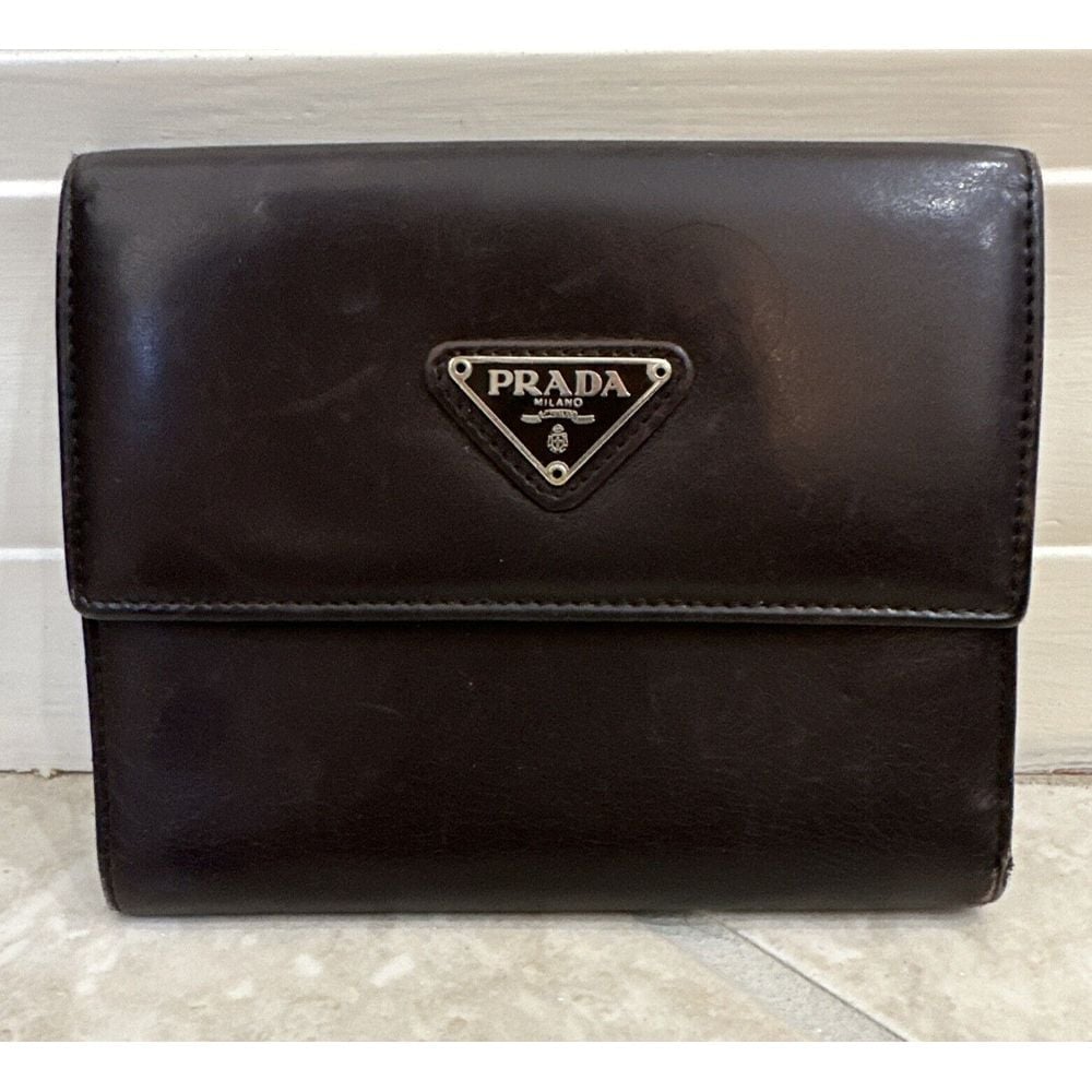Authentic Vintage Prada Leather Tri-Fold Flap Wallet Dark Brown Coin Purse