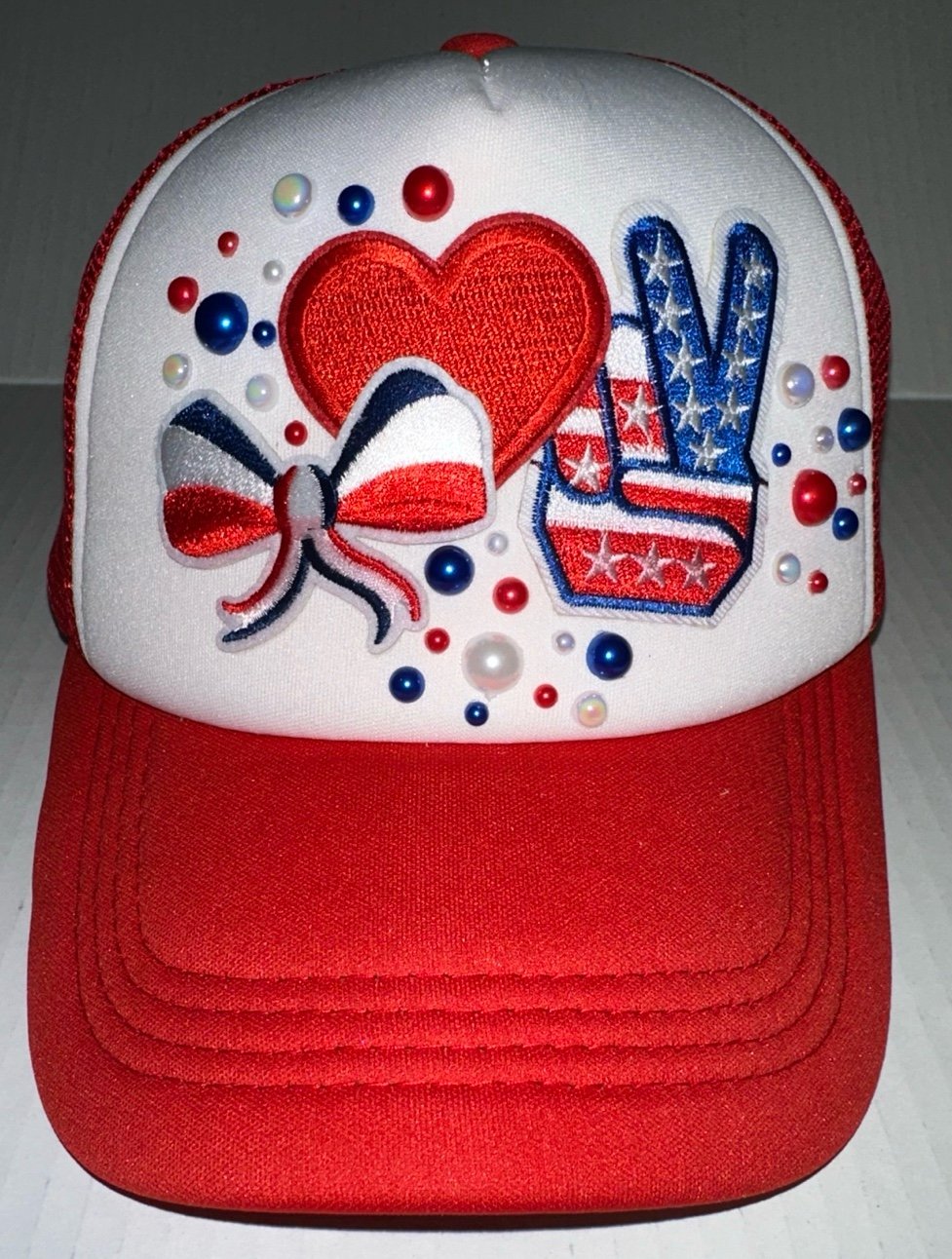 Custom Red & White PEARL Embellished 1-of-1 Patriotic USA Themed Trucker Hat