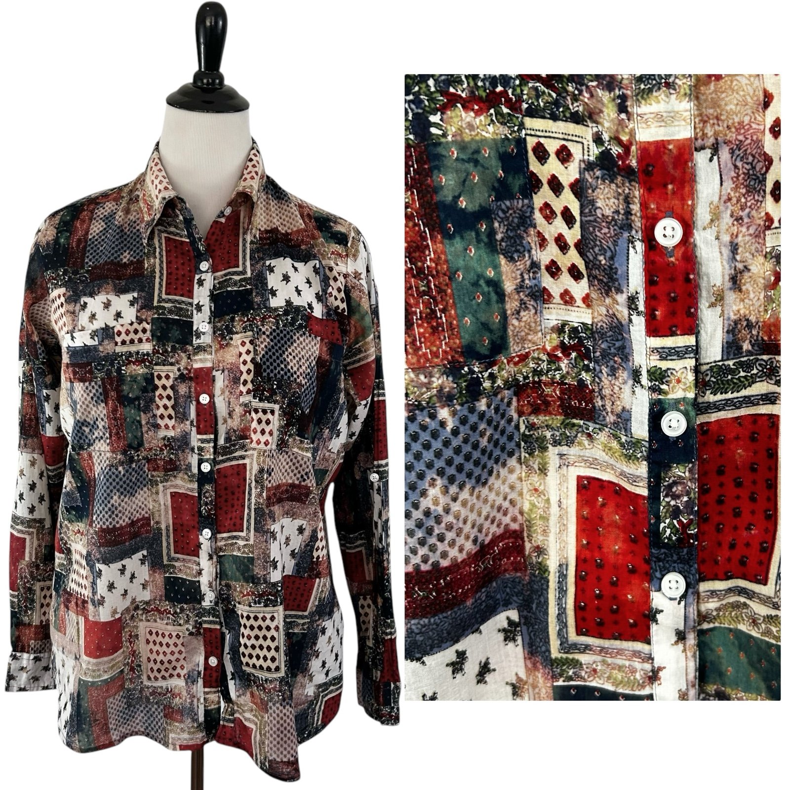 THE NU VINTAGE New Patchwork Button Up SHIRT TOP M Boho Americana Hippie Retro