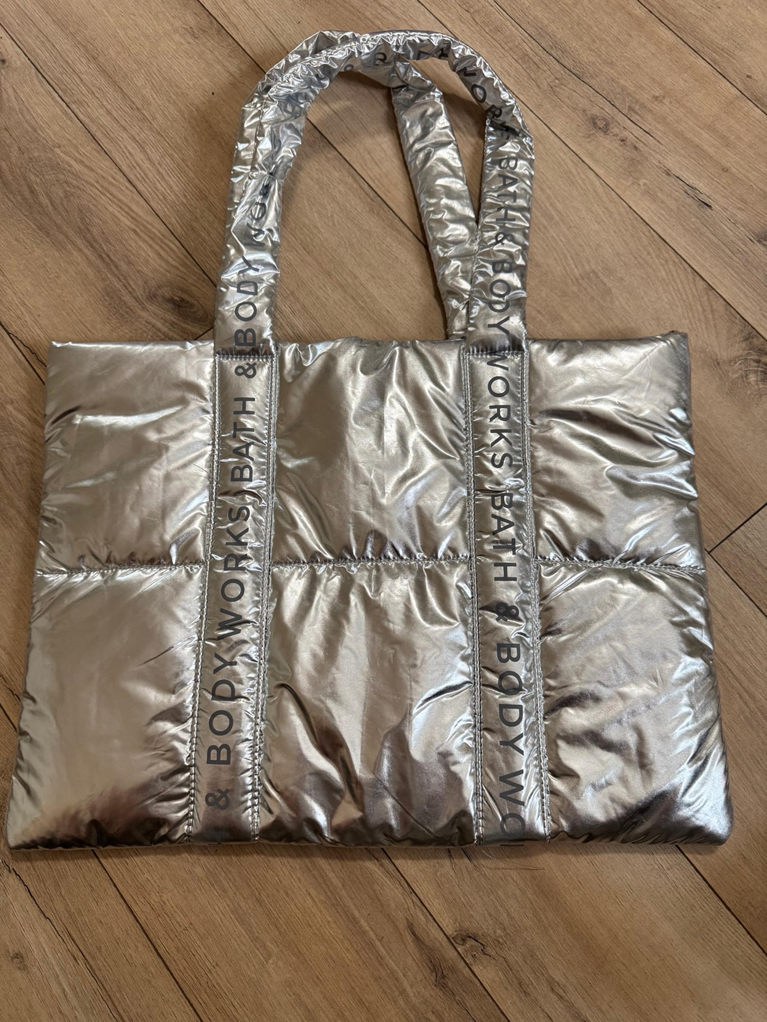 BATH & and BODY WORKS Puffy Puffer SILVER SHINY Tote Bag Carry All 2024 NWT