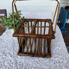 Vintage wicker rattan bamboo 4 bottle wine caddy carrier