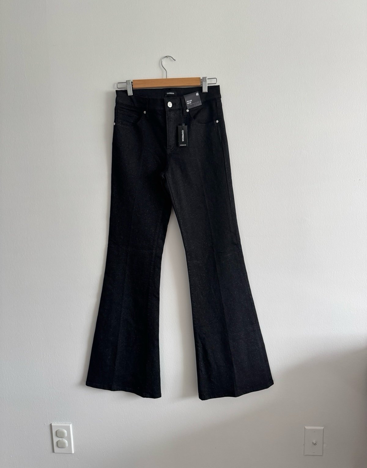 NWT Express shimmer glitter mid-rise 70s flare jeans