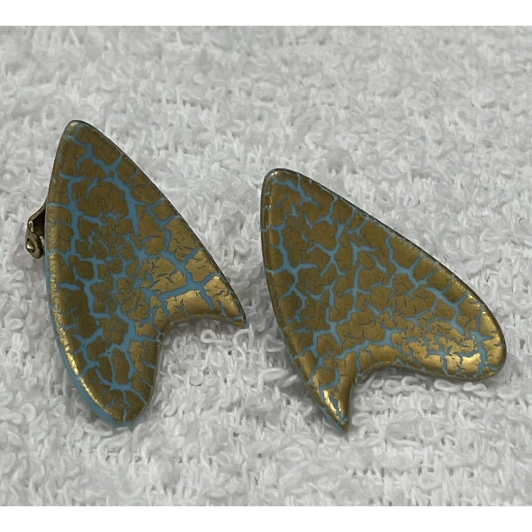 Vintage Enamel Clip Earrings MCM Mod Atomic Amoeba Boomerang Sputnik Aqua Gold