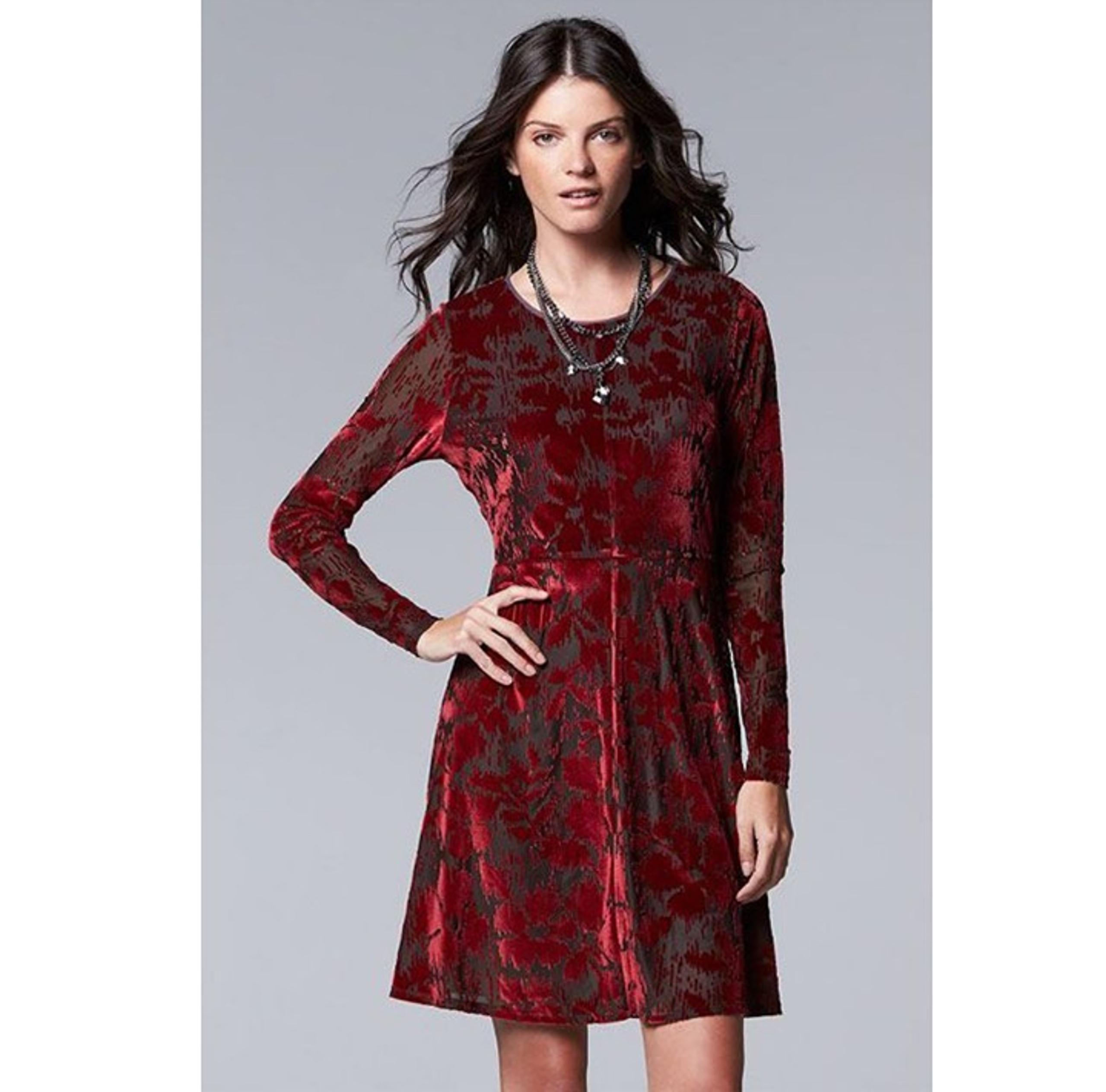Simply Vera Wang Skater Dress Women’s Size L Red & Black Burnout Velvet Floral
