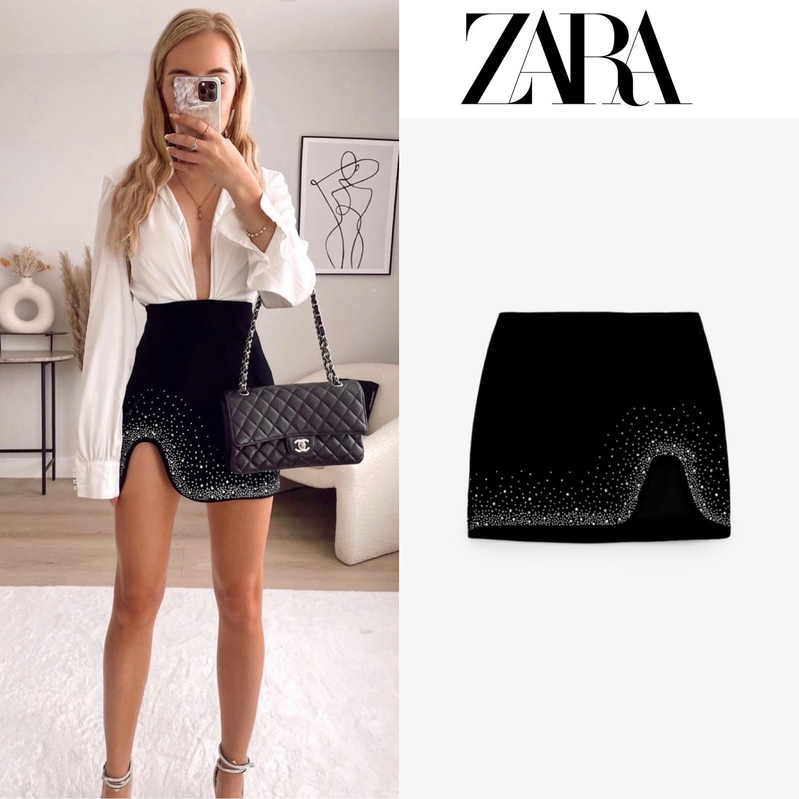 NWT zara rhinestone velvet mini skirt