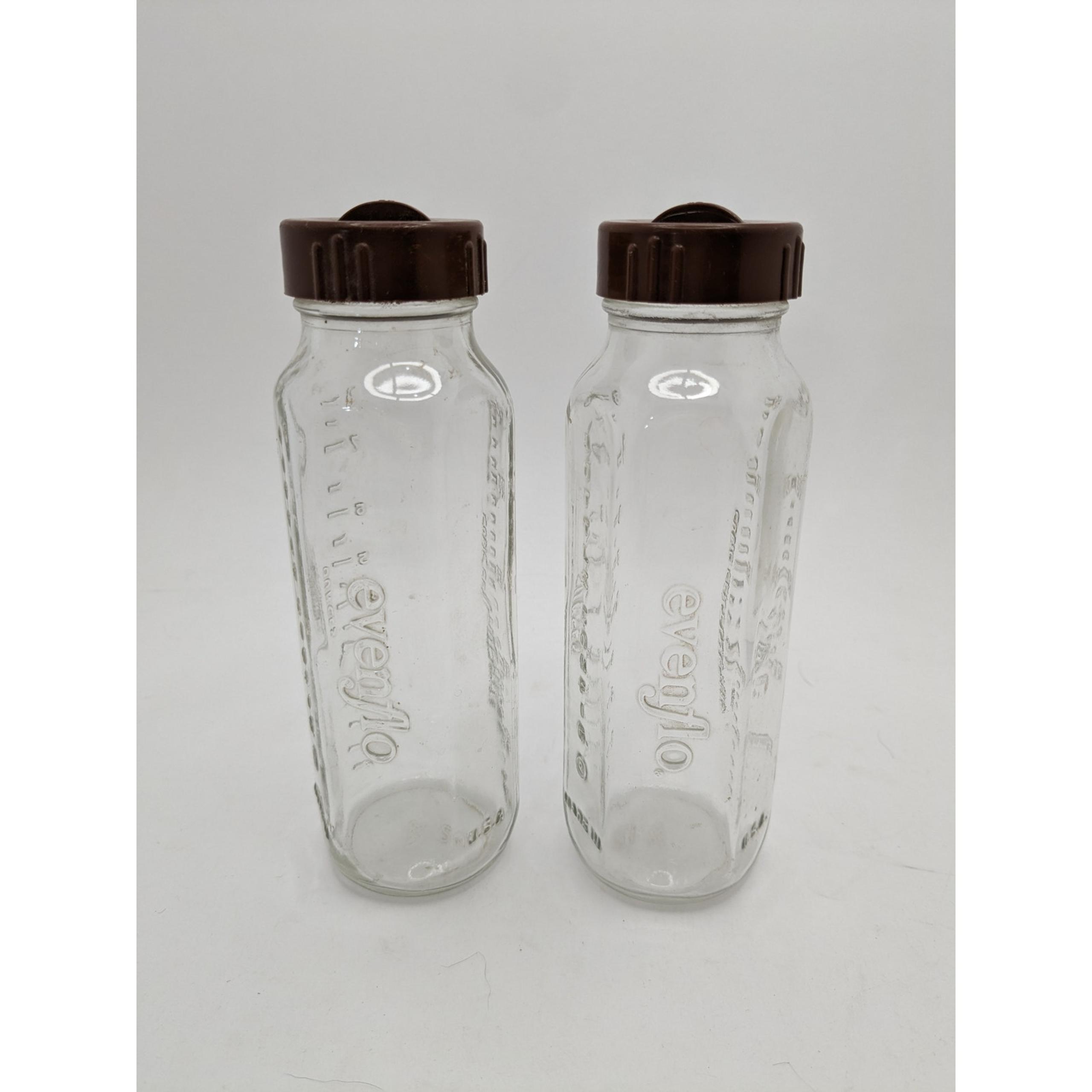 Set of Two Vintage Evenflo Glass Baby Bottles With Caps 8 oz