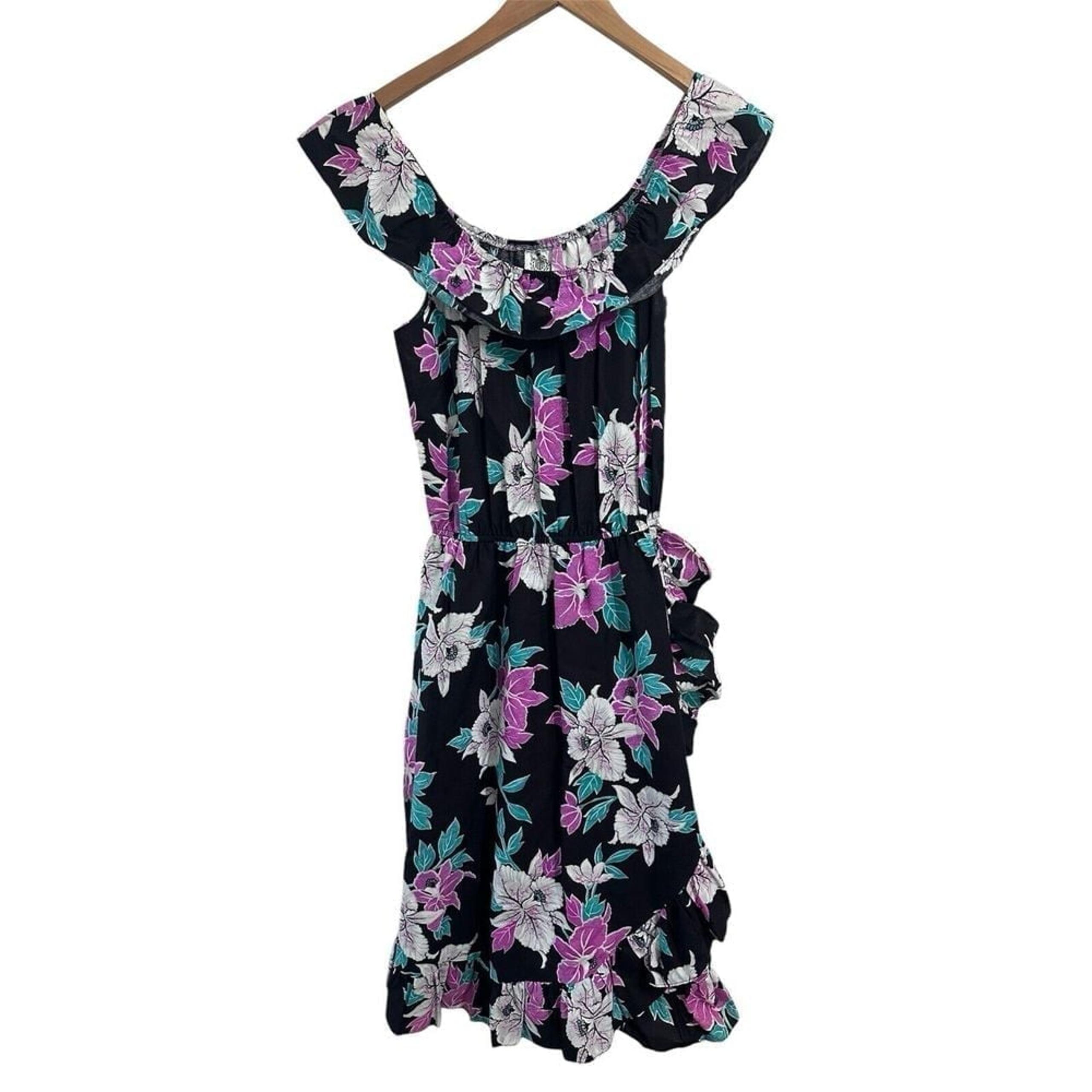 ROYAL CREATIONS VIntage Hawaii Dress Size M Muumuu Black Purple White Ruffle