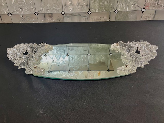 Art Deco Inspired Vintage Mirrored Vanity Tray with Cut Glass Handles