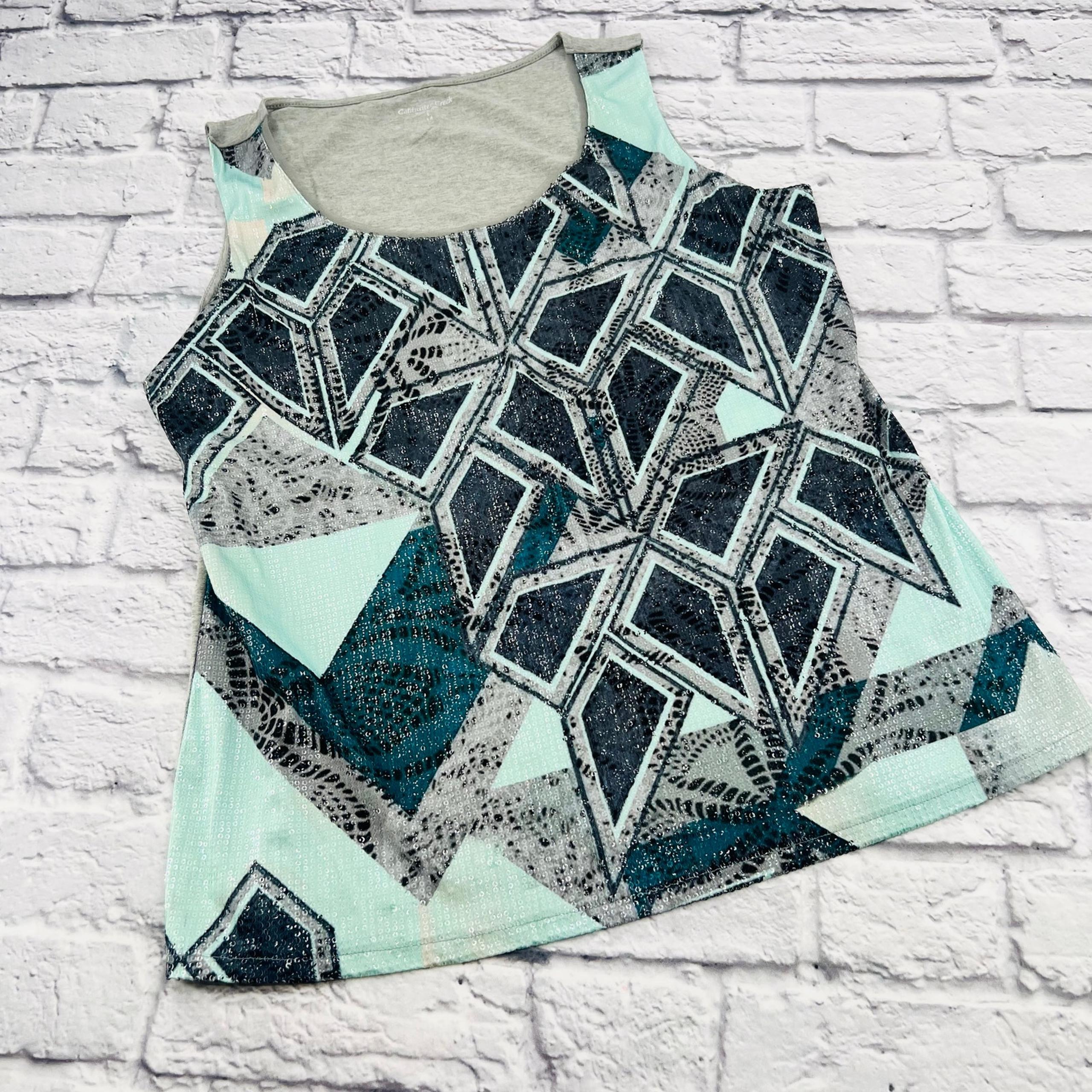 COLDWATER CREEK Women's Geometric Print Sequin Tank Top Large/14 Grey Green