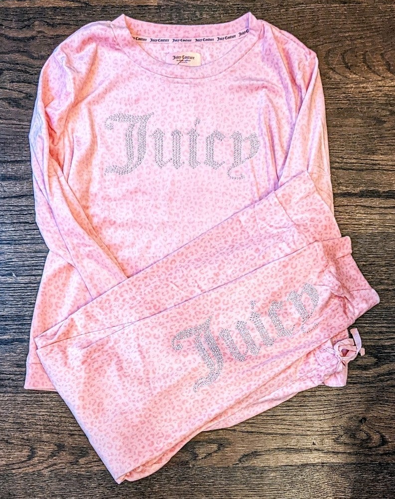 New Large Juicy Couture Bling Mini Leopard Track Suit Lounge Pajama Set 2pc