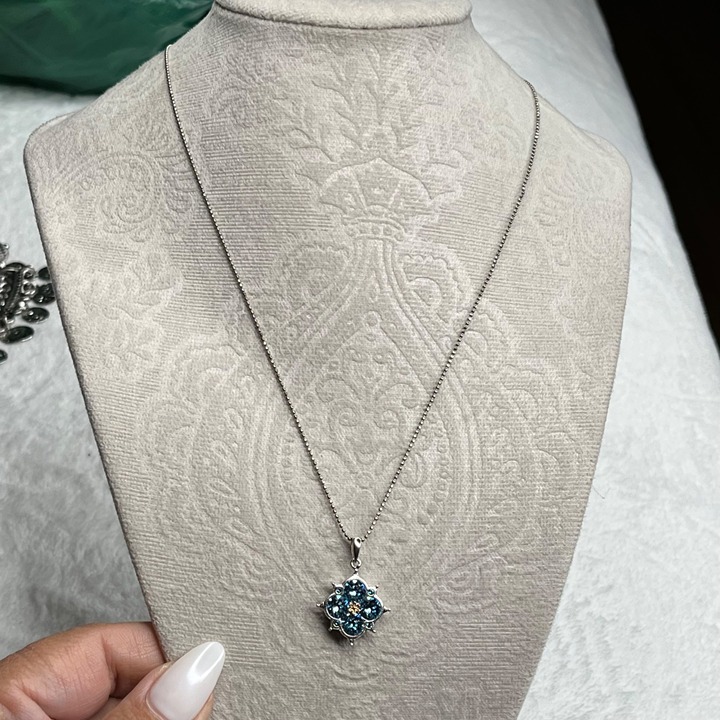 Sterling Silver Blue Gemstone Flower With Swarovski Crystal Flower Pendant