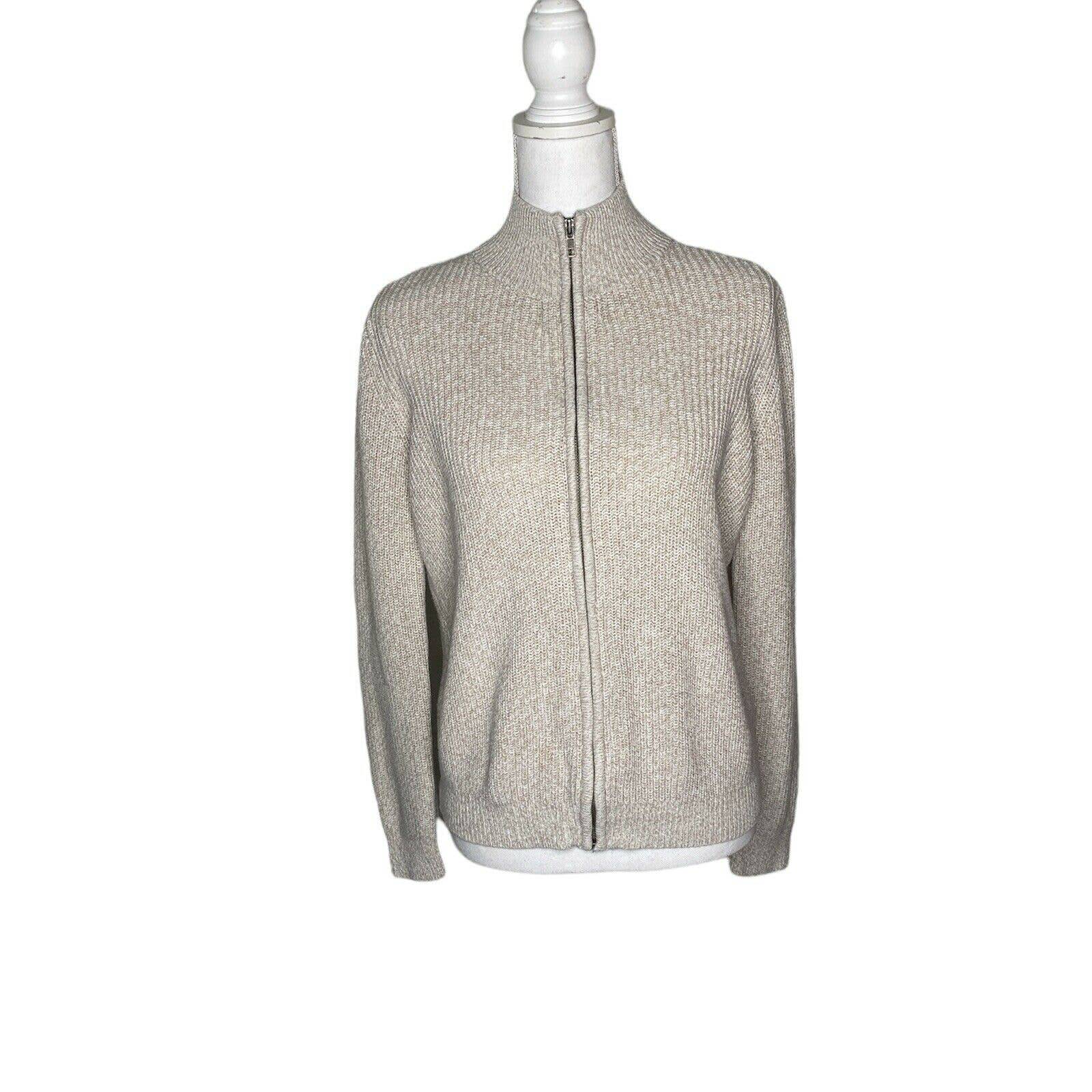 LL Bean SZ M Full Zip Cardigan Knit Sweater Womens Beige Mock Neck Cotton