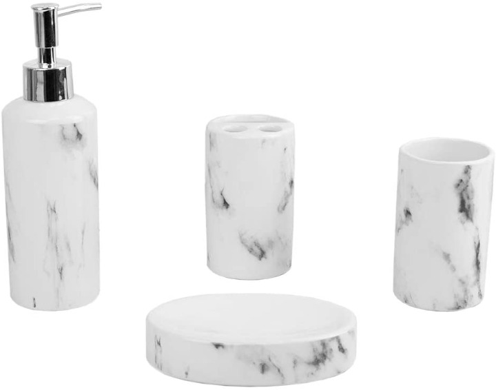 Home Basics Marble Design Look, Ceramic 4-Piece Durable Bath Accessory Set