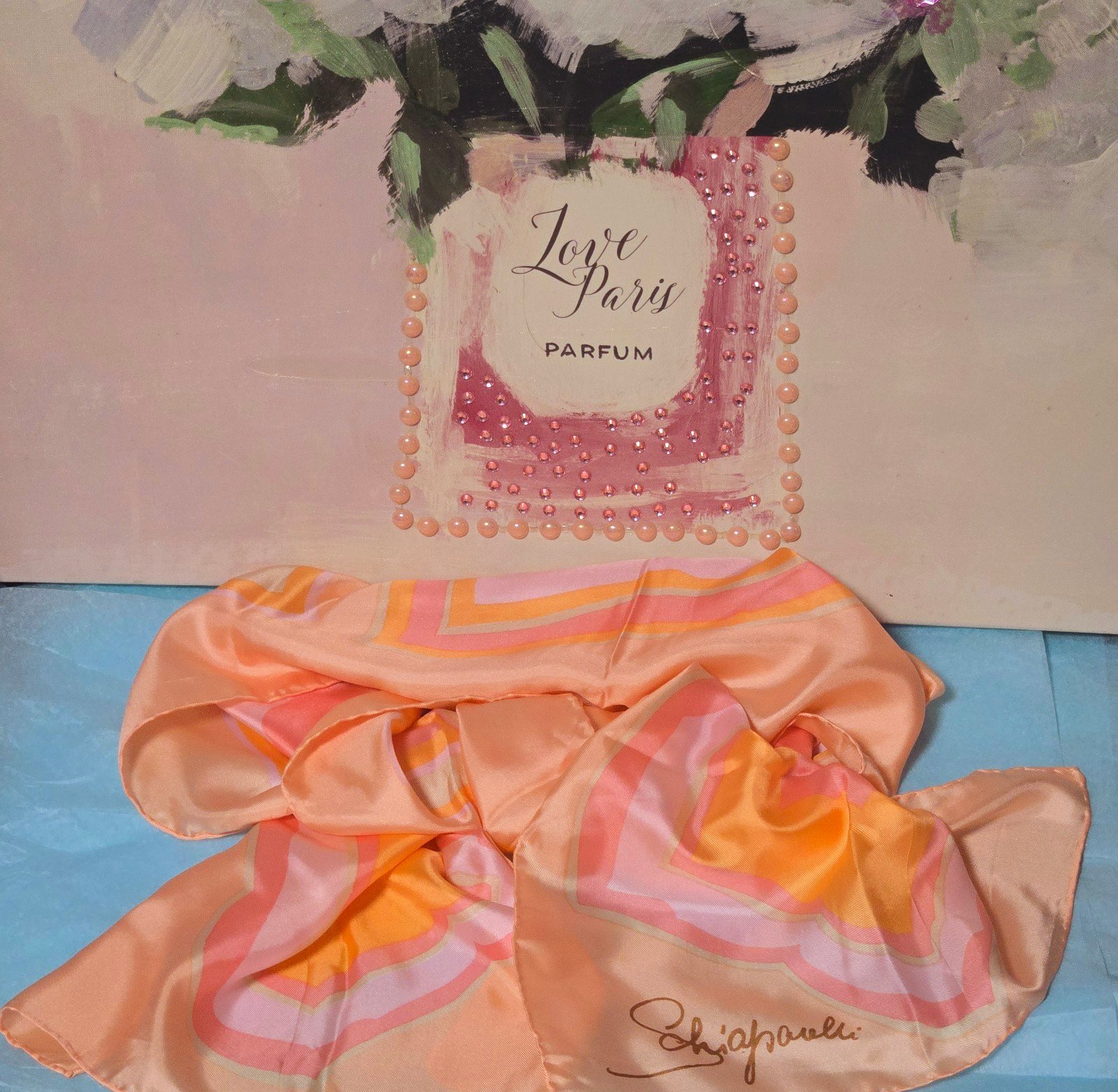 VINTAGE DESIGNER SILK PINK PEACH PASTEL SCARF BY ELSA SCHIAPARELLI