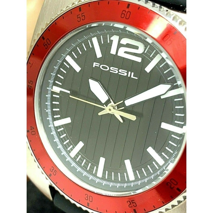 Fossil Men's Watch WB1042 Quartz Black Dial Silver Red Bezel 38mm Rubber Strap
