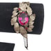 Hot Pink Glass Clasp Flower Bracelet Silver Tone Chain Link Red Rhinestones 60s