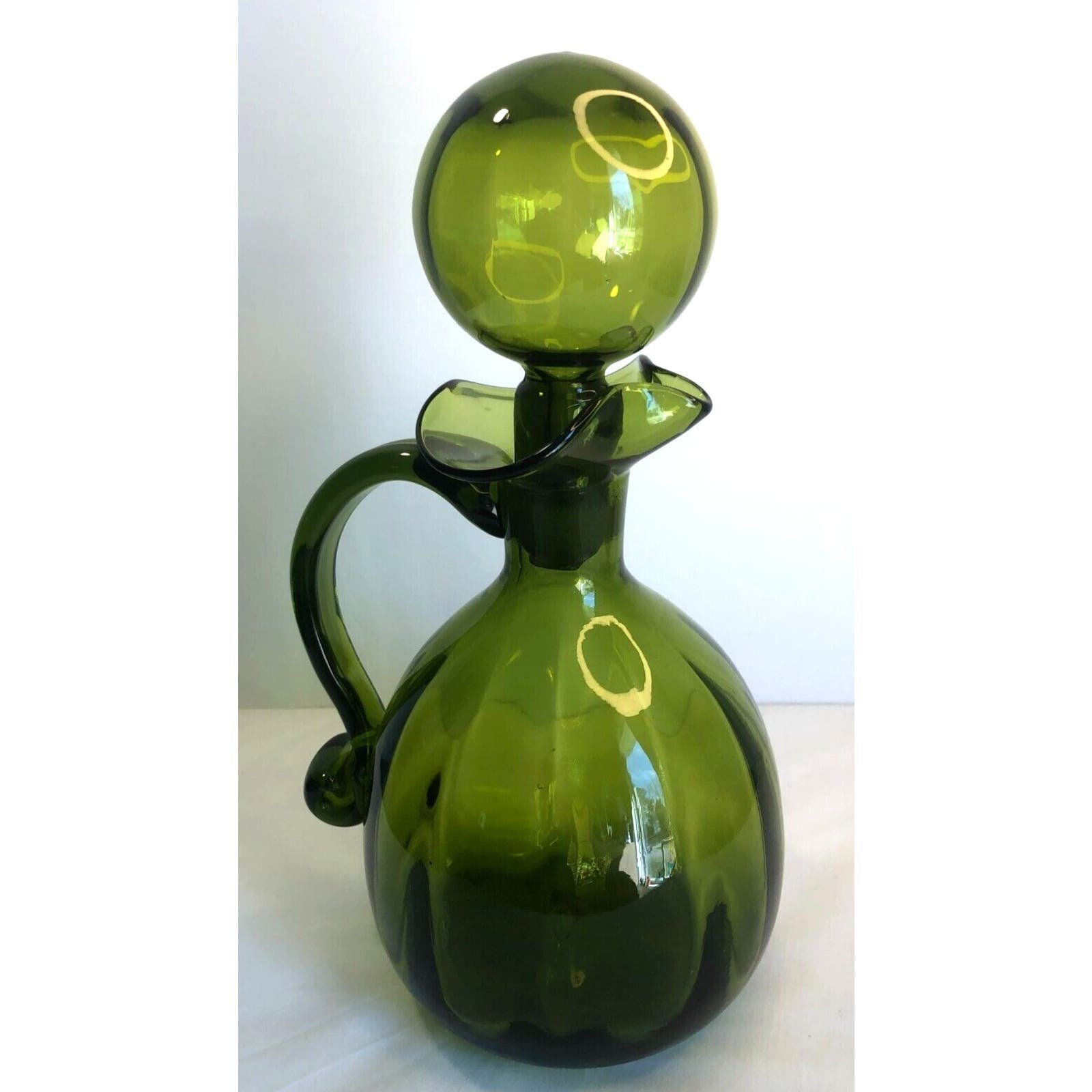Vintage Rainbow Mid Century MCM 11 Green Glass Bubble Stopper Decanter Optic
