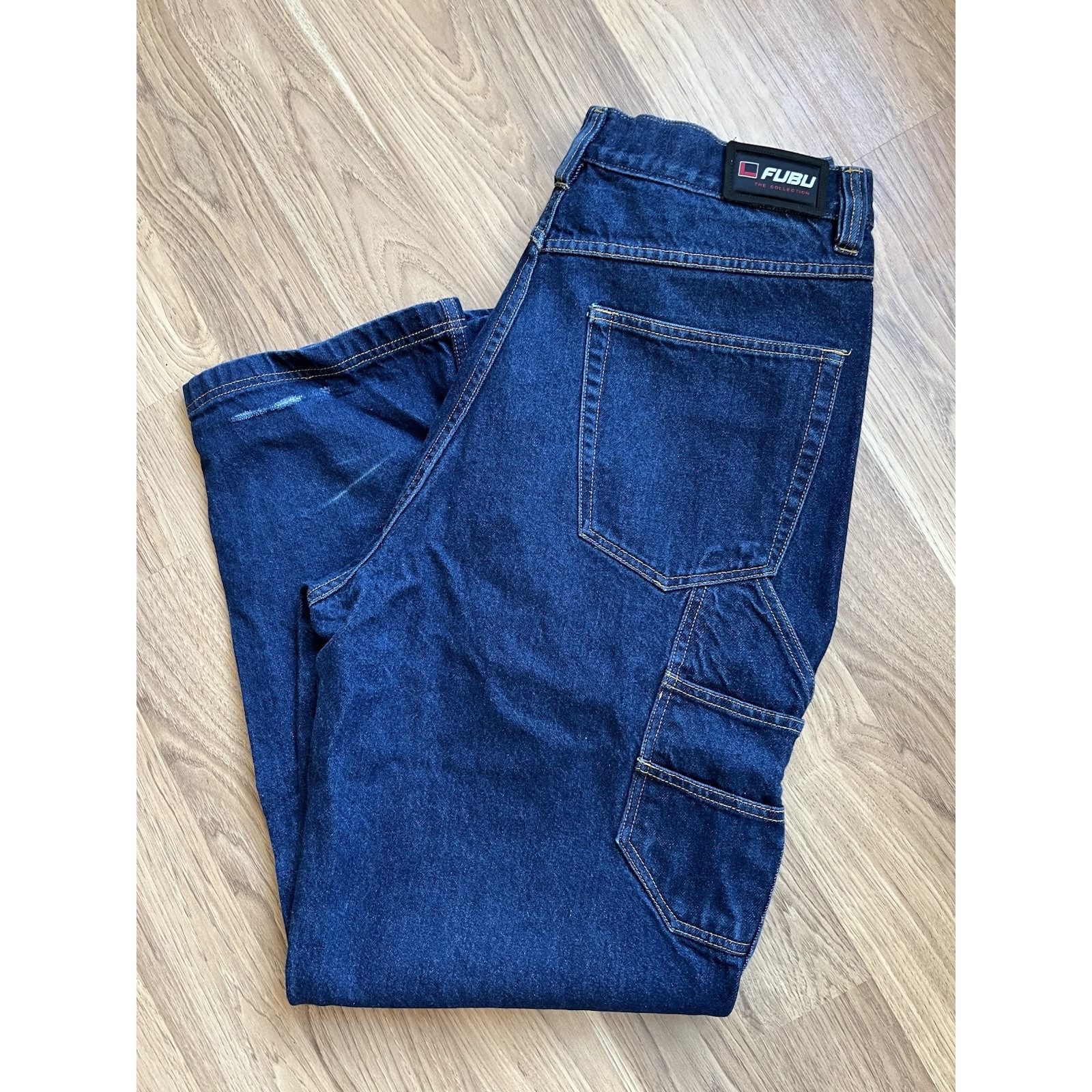 FUBU Jeans Men 40x34 Dark Blue Denim Carpenter Cargo Pocket Hip Hop Baggy Y2K