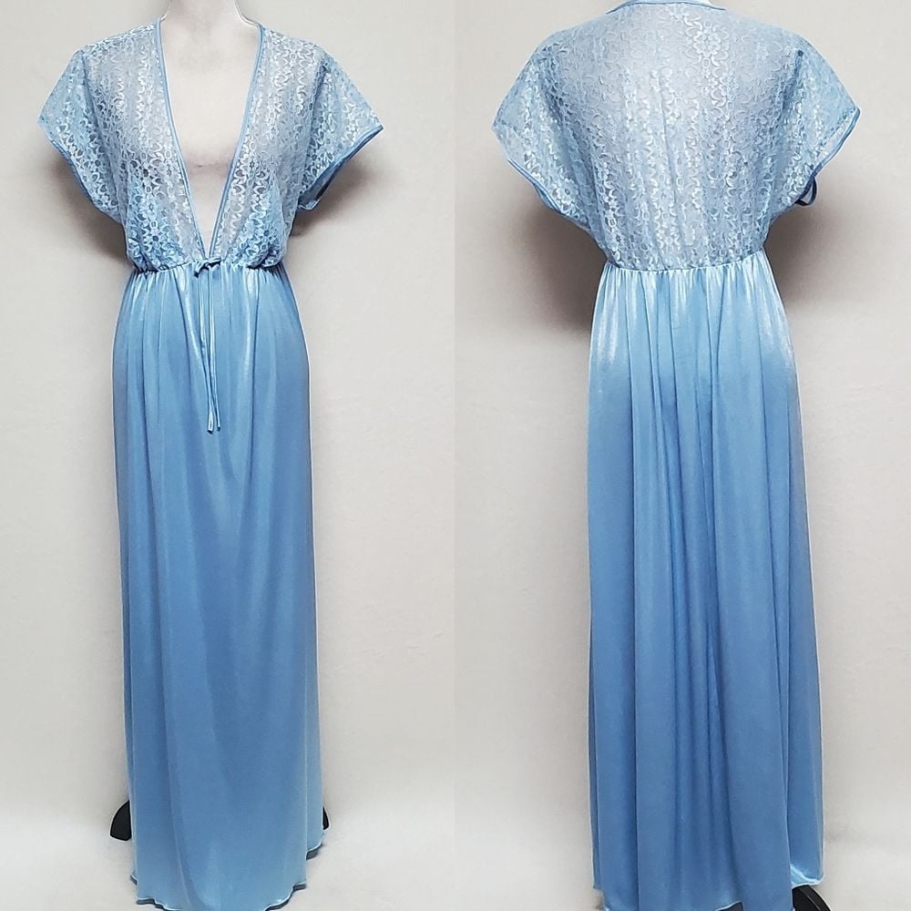 80s Vintage Powder Blue Sheer Lace Stretchy Satin Plunging Neckline Maxi Nighty