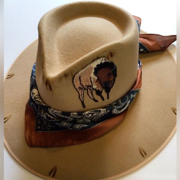 NEW! Upcycled Lack of Color X Ruxpinsrags Tan Cowboy Hat with Buffalo Embroidery