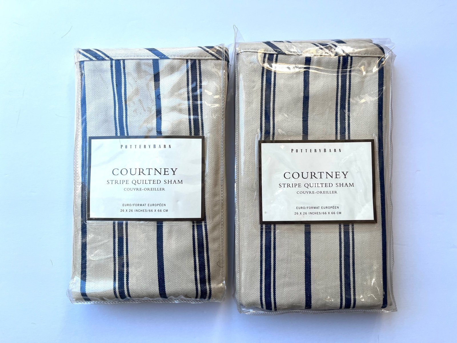 Pottery Barn Courtney Stripe Shams Pillow Cases Navy Blue Tan 26” x 26 Lot of 2