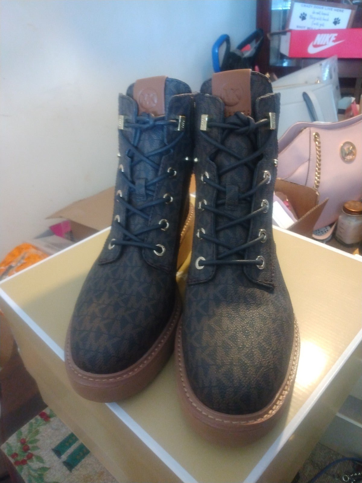 Michael Kors Trudy Bootie Mk SIG SM Brown Luggage Size 9 New