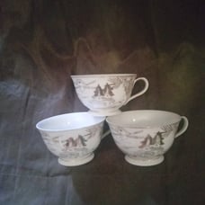 Vintage Hayasi Kutani Metallic Silver Mt Fuji Footbridge Teacups , Set of 3