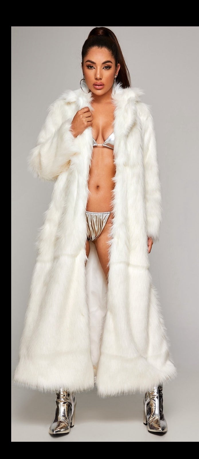 Open Front Patch Pocket Faux Fur Longline Coat