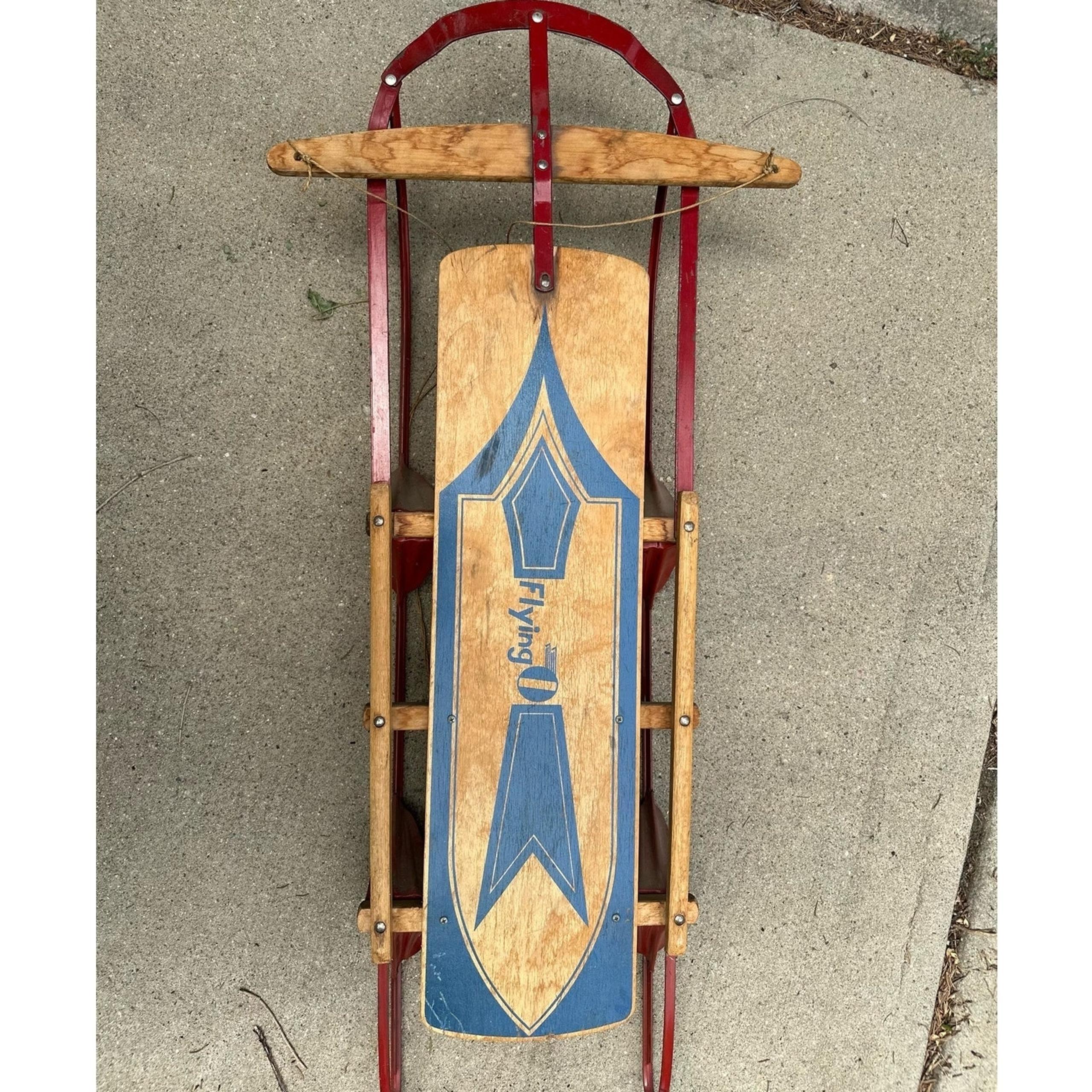 Vintage Rare Flying O Wooden Flexible Flying  FlyerSnow Sled Ski Lodge Mancave