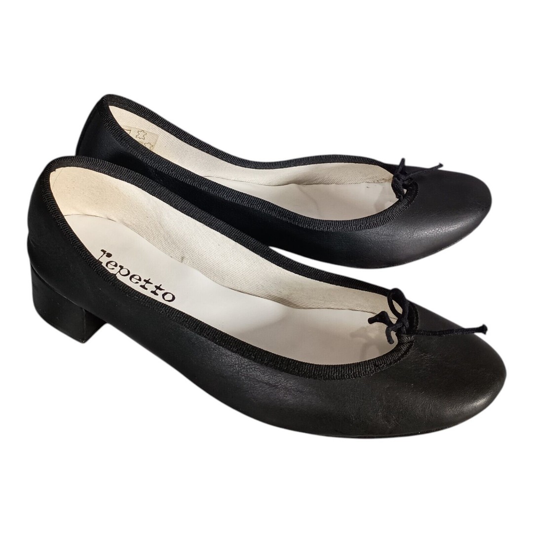 Repetto Cendrillon Shoes Block Heel Round Toe Black Leather Bow Women's 40/US 9