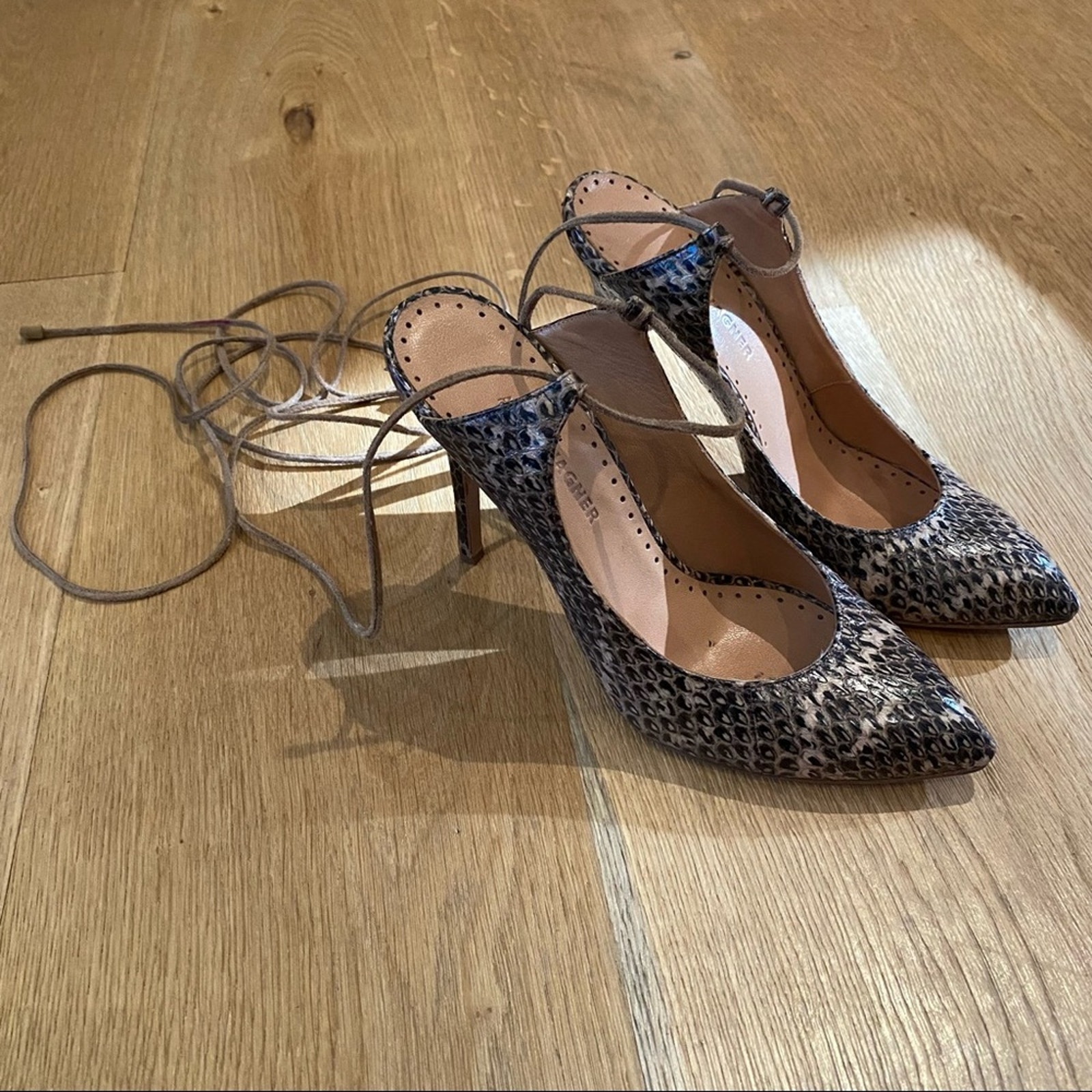 Alexa Wagner Snakeskin Open Back Ankle Strap Heels in Brown