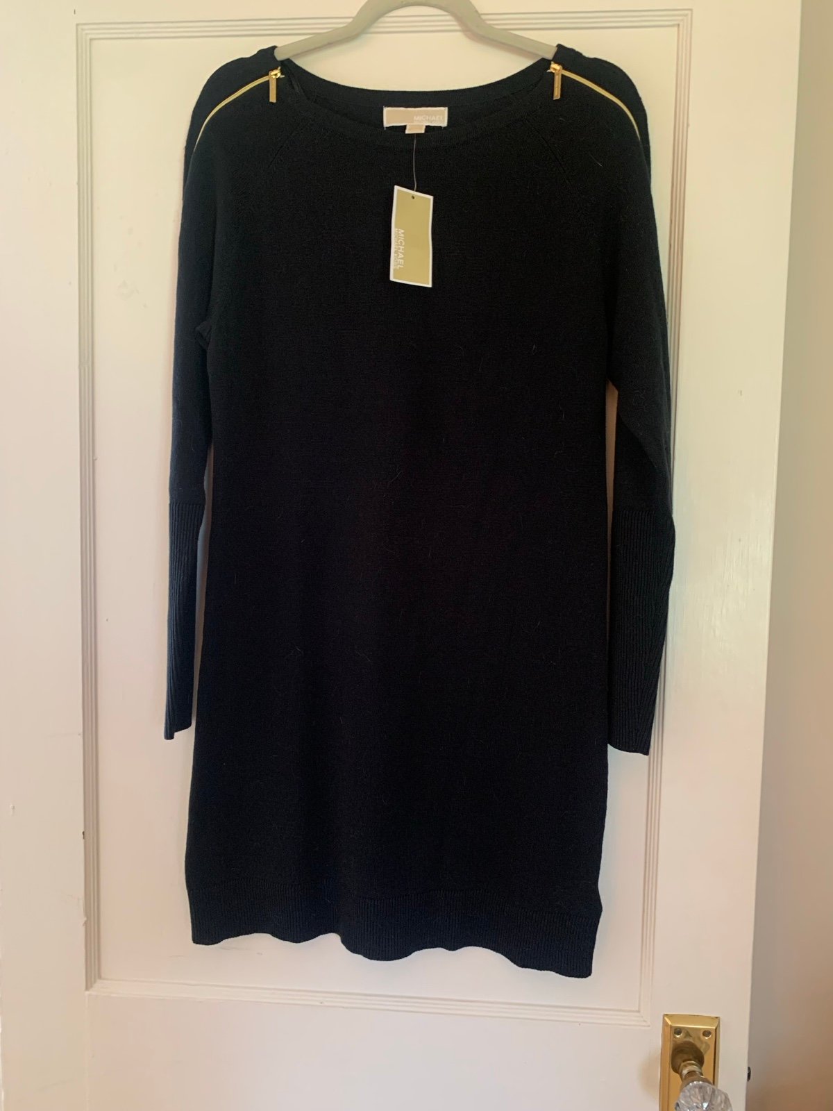 MK Michael Kors Sweater Dress Gold Shoulder Zipper Detail Black - NWT Size M