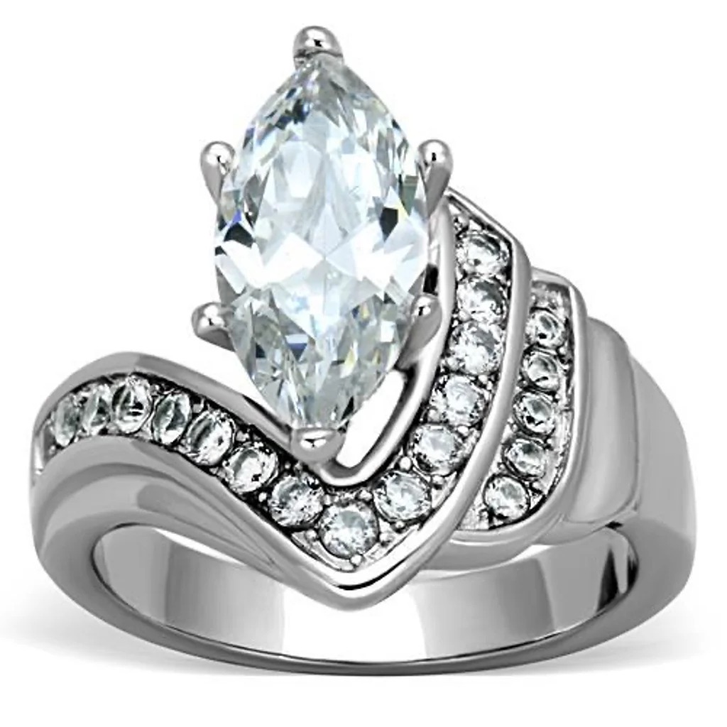 Size 7, STAINLESS STEEL Large Marquise Cubic Zirconia Ring