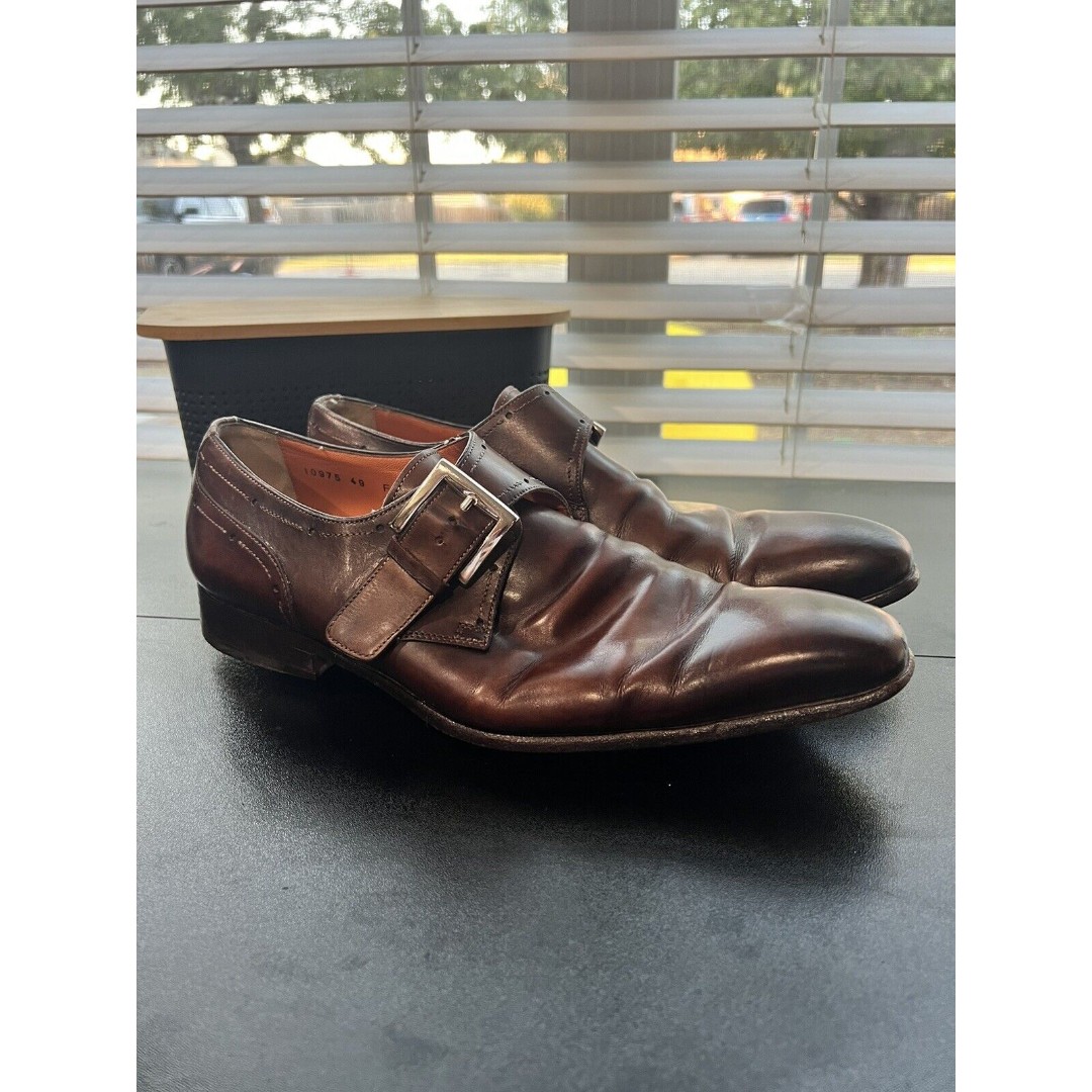 Santoni Men's Loafers Single Monk Strap shoes Size US 9 Leather Logo Brown