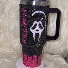 40oz Viral bedazzled Ghostface tumbler from Amazon with custom topper