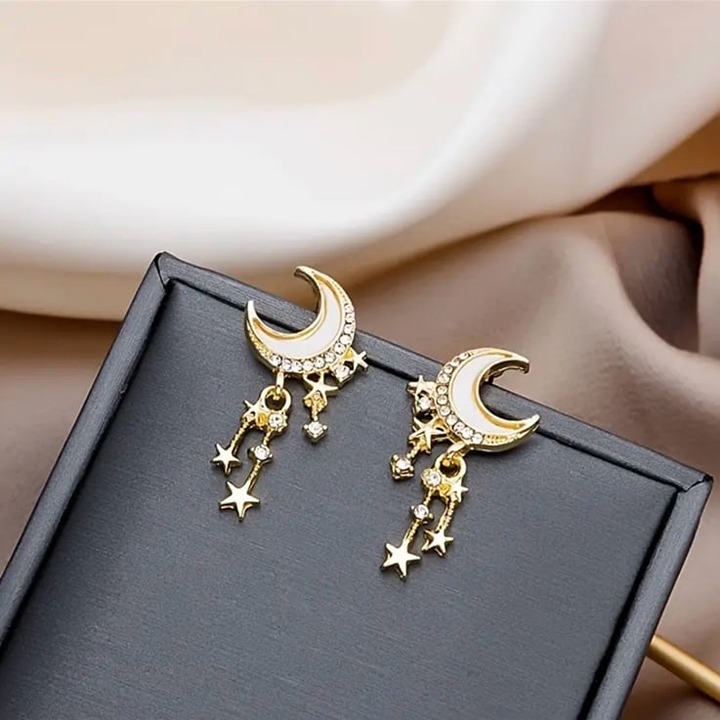 Gold Crescent Moon And Star Earrings Celestial